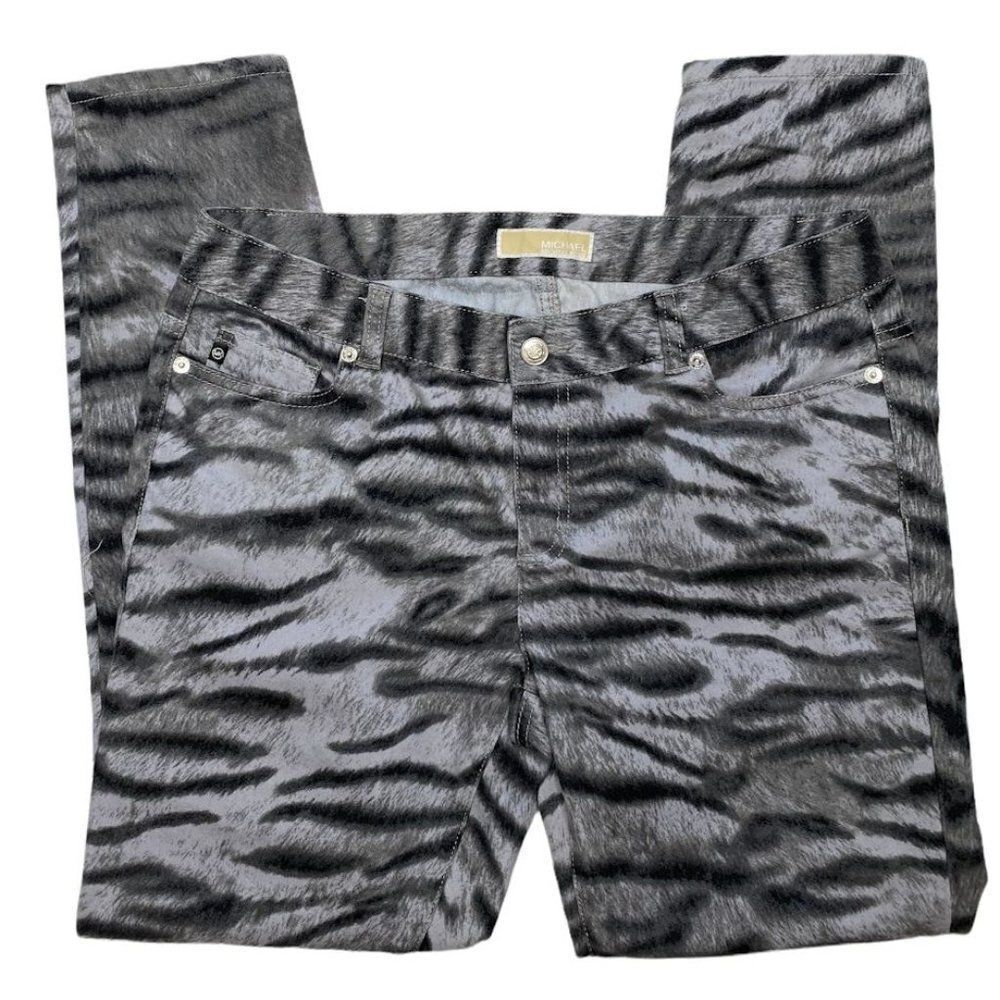 Michael Kors Gray Black Tiger Animal Print  Pants size‎ 8P 8 Petite